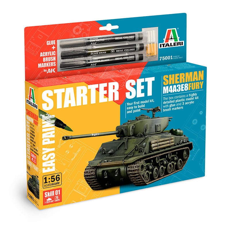 Italeri Set con colori Carro armato Sherman Fury M4A3E8 Starter Set - Easy Paint 1:56